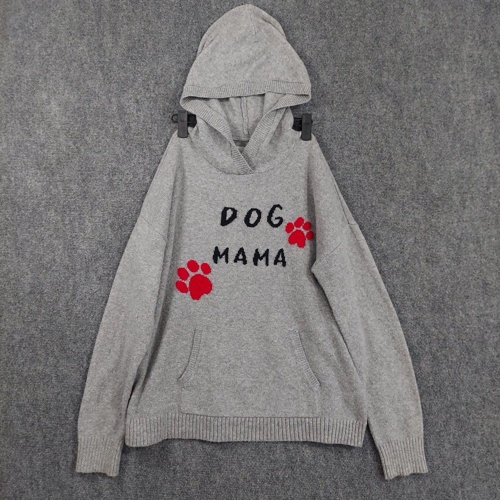 Lou & Grey Hoodie Womens Medium Gray Dog Mama Paw Print Knit Pullover Cozy